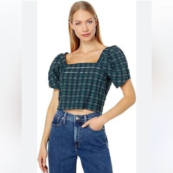 Madewell Puff-Sleeve Forrest Plaid Crop Top - Size XXL - Picture 1 of 4